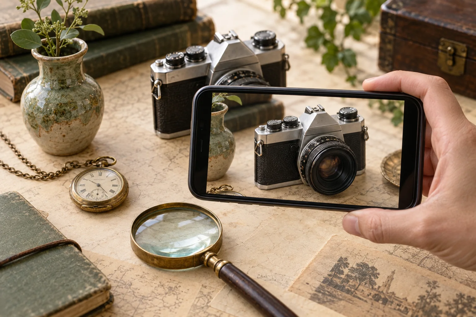 Illustration of a phone looking at vintage objects, not a real appraisal
